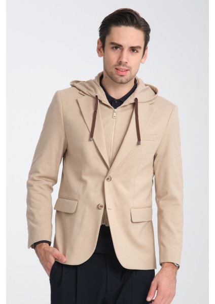 Marcio Erkek Krem Çıkarılabilir Kapşonlu Yarım Astar Slim Fit Mono Yaka Spor Blazer Ceket