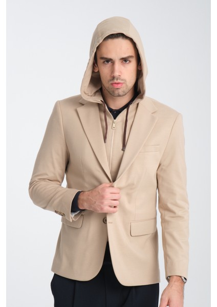 Marcio Erkek Krem Çıkarılabilir Kapşonlu Yarım Astar Slim Fit Mono Yaka Spor Blazer Ceket modelleri