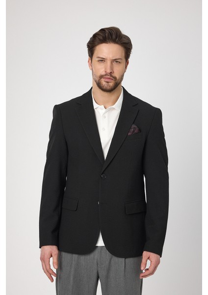 Lores Erkek Siyah Balıksırtı Desenli Esnek Likralı Kumaş Yazlık Ceket