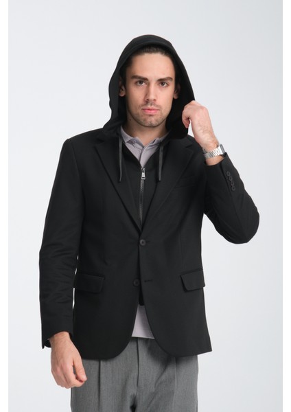 Marcio Erkek Siyah Çıkarılabilir Kapşonlu Yarım Astar Slim Fit Mono Yaka Spor Blazer Ceket