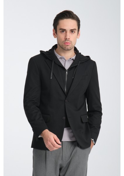 Marcio Erkek Siyah Çıkarılabilir Kapşonlu Yarım Astar Slim Fit Mono Yaka Spor Blazer Ceket fiyatları