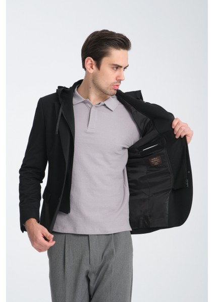 Marcio Erkek Siyah Çıkarılabilir Kapşonlu Yarım Astar Slim Fit Mono Yaka Spor Blazer Ceket modelleri