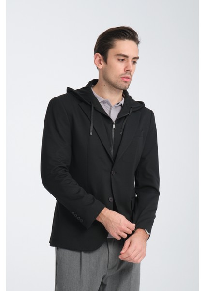 Marcio Erkek Siyah Çıkarılabilir Kapşonlu Yarım Astar Slim Fit Mono Yaka Spor Blazer Ceket fırsatları