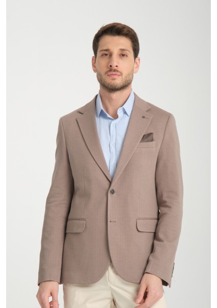 Brando Erkek Kahverengi Kendinden Desenli Slim Fit Pamuklu Likralı Esneyen Kumaşlı Spor Blazer Ceket