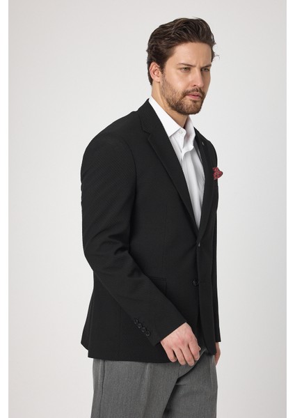 Sandeo Erkek Siyah Diagonel Desenli Esneyen Kumaş Likralı Blazer Ceket modelleri