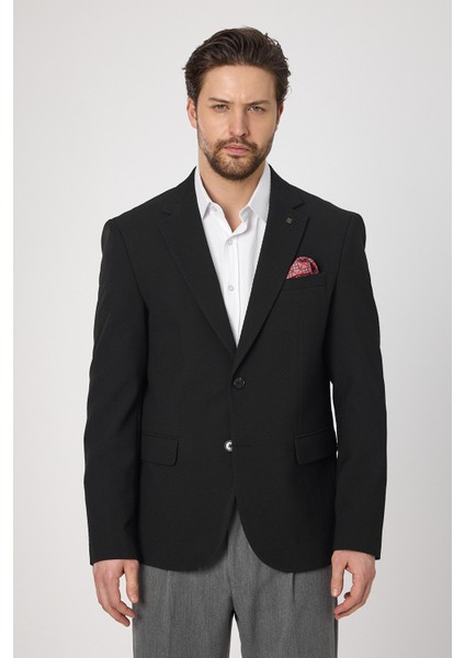 Sandeo Erkek Siyah Diagonel Desenli Esneyen Kumaş Likralı Blazer Ceket