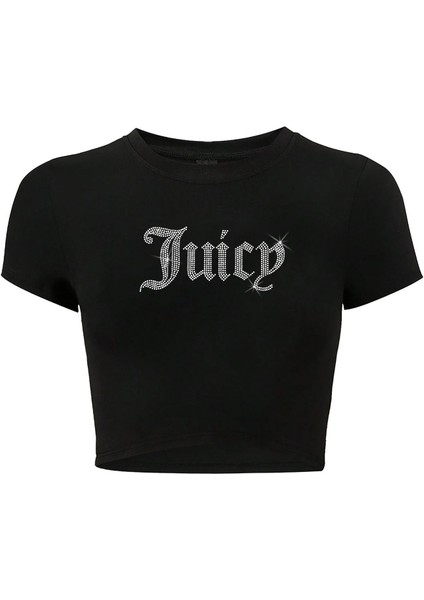 Kadın Kristal Taş Baskılı Juicy Crop T-Shirt Siyah
