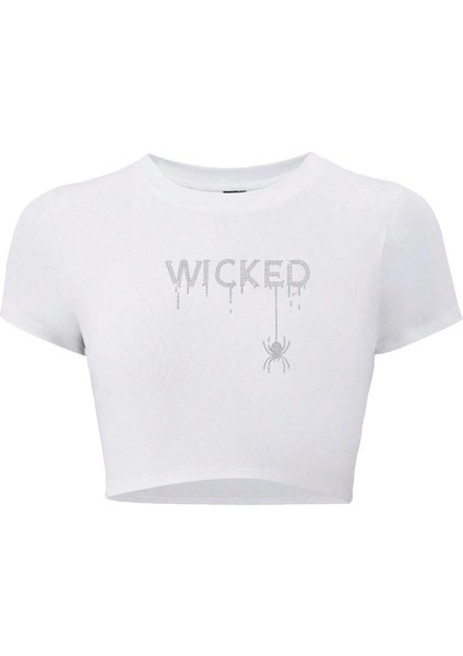 Kadın Kristal Taş Baskılı White Wicked Crop T-Shirt Beyaz