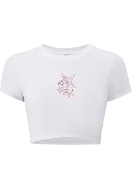 Kadın Renkli Yıldız Kristal Taş Baskılı Crop T-Shirt Beyaz
