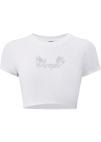 Kadın Kristal Taş Baskılı Angel Crop T-Shirt Beyaz