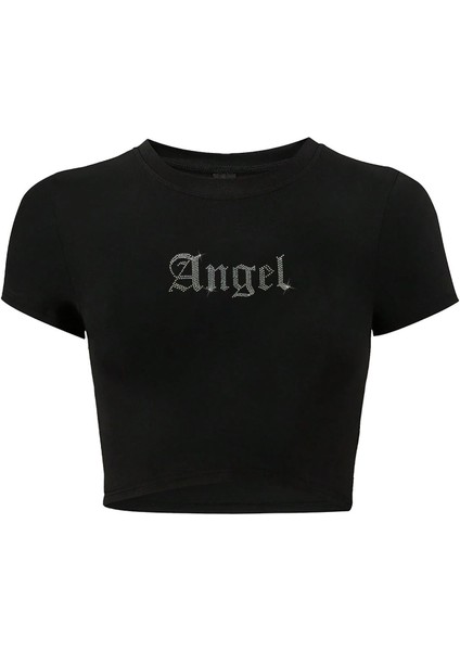 Kadın Angel Kristal Taş Baskılı Crop T-Shirt Siyah