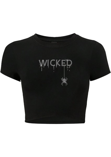 Kadın Kristal Taş Baskılı White Wicked Crop T-Shirt Siyah