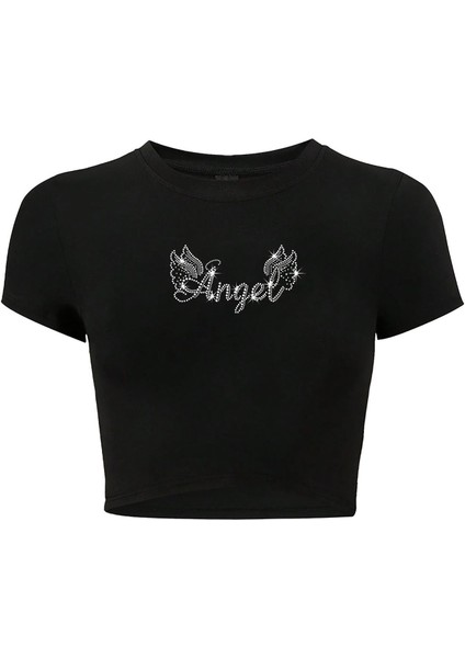 Kadın Kristal Taş Baskılı Angel Crop T-Shirt Siyah