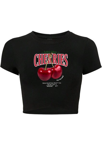 Kadın Cherries Crop T-Shirt Siyah