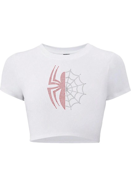 Kadın Renkli Spider Kristal Taş Baskılı Crop T-Shirt Beyaz