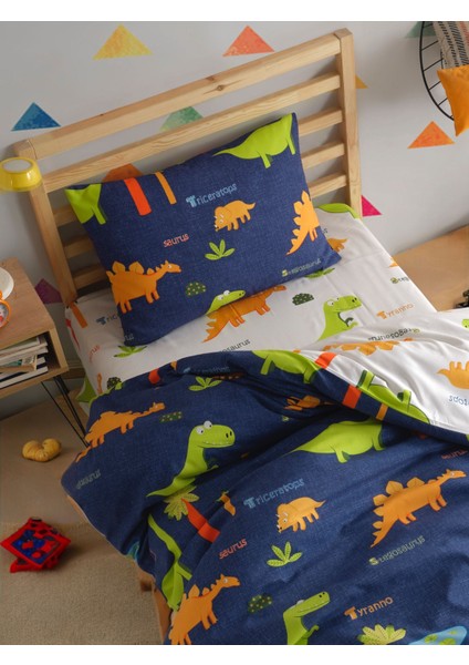 Kolay Ütülenir Nevresim Takımı Tek Kişilik Dinoland Lacivert