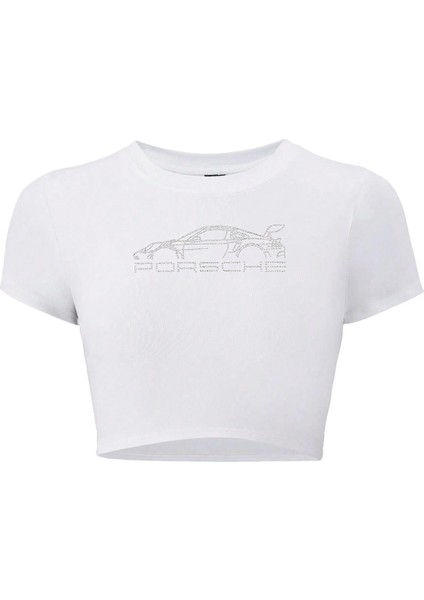 Kadın Kristal Taş Baskılı Porsche Crop T-Shirt Beyaz