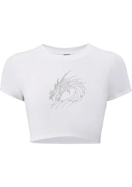 Kadın White Dragon Kristal Taş Baskılı Crop T-Shirt Beyaz
