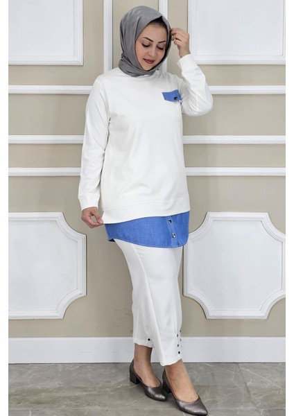 Kadın Kot Kombinli Düğme Detaylı Tesettür Tunik