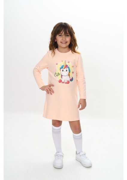 Kız Çocuk Elbise Unicorn Baskılı Uzun Kollu