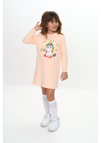 Kız Çocuk Elbise Unicorn Baskılı Uzun Kollu