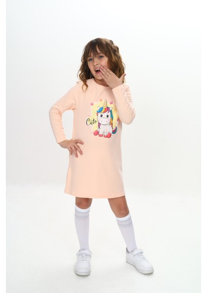 Kız Çocuk Elbise Unicorn Baskılı Uzun Kollu
