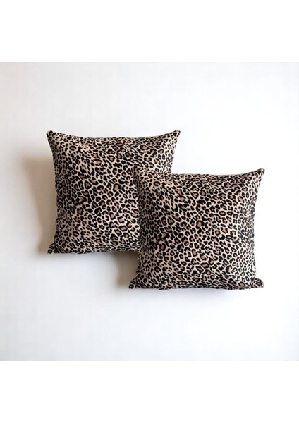 Leopar Bej Süet Dijital Baskılı 2'li Set Kare Dekoratif Kırlent Kılıfı - Çift Taraflı Bej Renk 45 x 45