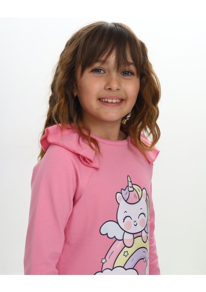 Kız Çocuk Elbise Unicorn Baskılı Uzun Kollu