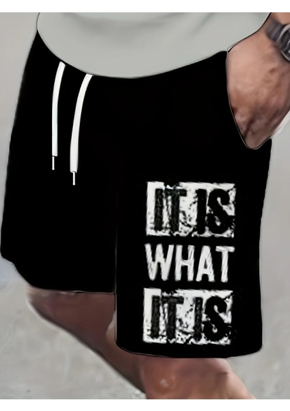 Actıve Moda - Erkek"ıt Is What It Is" Baskılı Kısa Kollu Tshırt-Şort Takımı 2 Li Pamuklu Büyük Beden Oversize