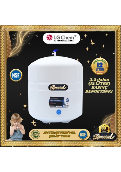 Lg Chem Ücretsiz Montajlı-Pompalı Gold Specıal 12 Litre 7 Filtre 14 Aşama Gümüş Iyon Tatlandırıcı Mineral Alkali 90 Gpd Nano Membranlı 304 Kalite Krom Musluklu 12 Litre Çelik Tanklı Su Arıtma Cihazı