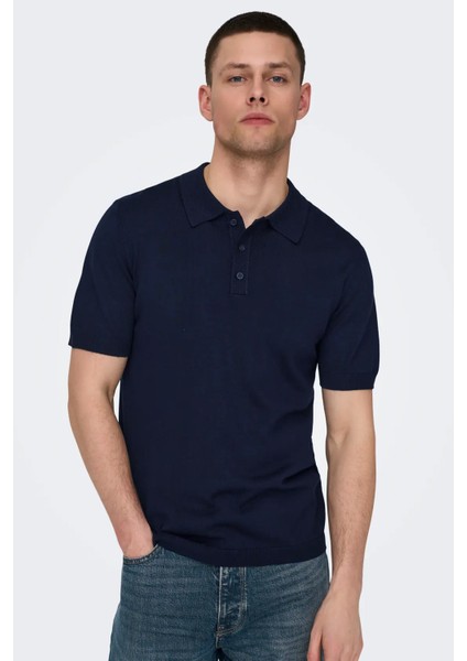 Erkek Regular Fit Polo Yaka Lacivert Triko T-Shirt - 22022219