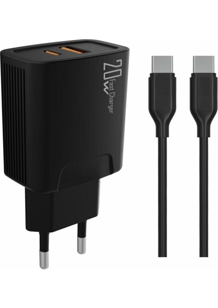 20 Watt USB + Type-C Çıkışlı Hızlı Şarj Başlık Adaptör + 1m 3A Type-C To Type-C Kablo (Yerli Üretim) Kdr-42 Siyah (20W+TYPE-C Kablo)