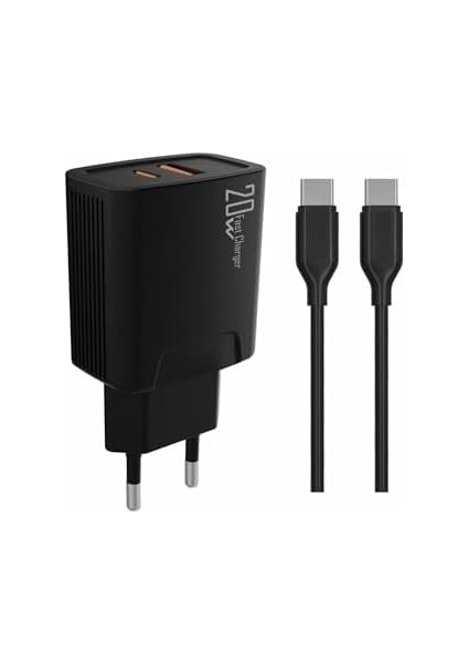 20 Watt USB + Type-C Çıkışlı Hızlı Şarj Başlık Adaptör + 1m 3A Type-C To Type-C Kablo (Yerli Üretim) Kdr-42 Siyah (20W+TYPE-C Kablo)