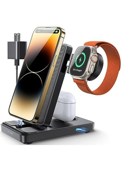 4'ü 1 Arada Katlanabilir Şarj Istasyonu iPhone Serisi 14/13/12/11/x/xs/xr/8/7/6/5, Airpods Pro/3/2, Apple Watch Ultra/9/8/7/6/se/5/4/3/2 Için 20W Adaptörlü Çıkarılabilir Şarj Cihazı