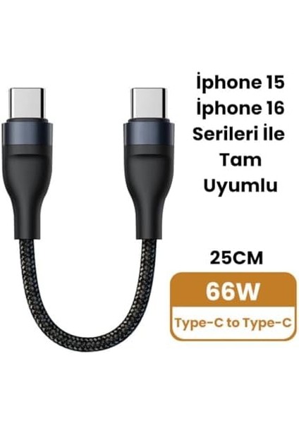 Super Şarj 5A 66W Type-C Şarj Kablosu Kısa Type-C Powerbank Şarj Kablosu Örgü Kopmaz Kablo