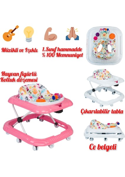 Örümcek Gri Bebek Yürüteç - Müzikli Koltuklu Tasarım - 12 Kg Taşıma Kapasitesi - Pembe Renk Seçeneği