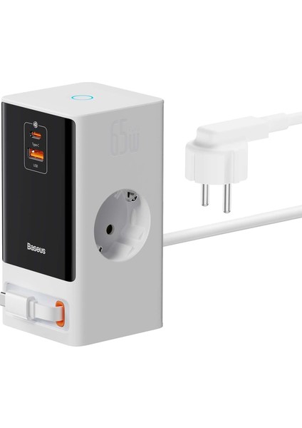 Power Combo Dijital Powerstrip 2AC+1U+1C+RETRACTABLE-C 65W Smart Versiyon Şarj Cihaz Seti-Beyaz
