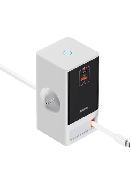 Power Combo Dijital Powerstrip 2AC+1U+1C+RETRACTABLE-C 65W Smart Versiyon Şarj Cihaz Seti-Beyaz