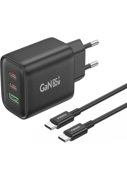 GAN10 Gan 65W 2xtype-C 1xusb 3 Girişli Hızlı Şarj Adaptörü - Siyah
