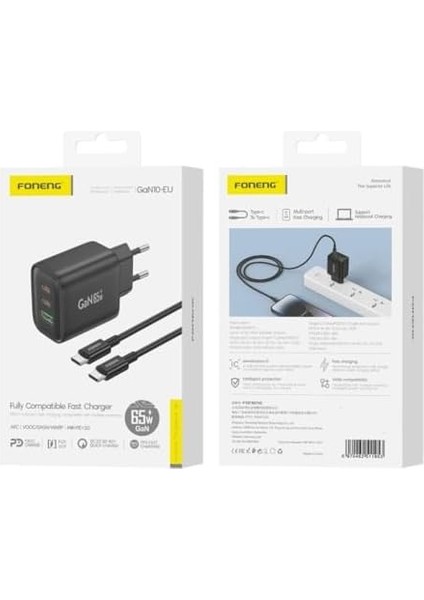 GAN10 Gan 65W 2xtype-C 1xusb 3 Girişli Hızlı Şarj Adaptörü - Siyah