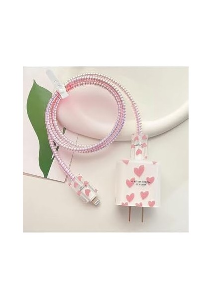 Apple iPhone 18W/20W ile Uyumlu Pembe Love Şarj Aleti Kılıfı, Şarj Kablosu Örme Aparatı, Toparlayıcı, Kablo Koruyucu
