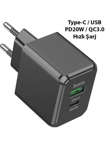 Hc Seri Akım Koruma QC3.0+20W Şarj Başlık Usb+Type-C Girişli Şarj Aleti Type-C Girişli Hızlı Şarj Adaptörü