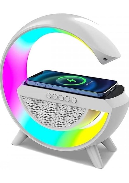 Kablosuz Şarj Istasyonu Speaker Özellikli LED Işıklı Fm Radyolu Harika Bluetooth Speaker Apple iPhone Uyumlu ve Samsung Uyumlu Telefon Şarj Standı Bataryalı 22.5cm x 22.5cm B2301