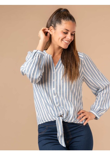 Lupinn Moda Kadın Beyaz Mavi Çizgili Düğmeli Bağlama Detaylı Uzun Kollu Gömlek