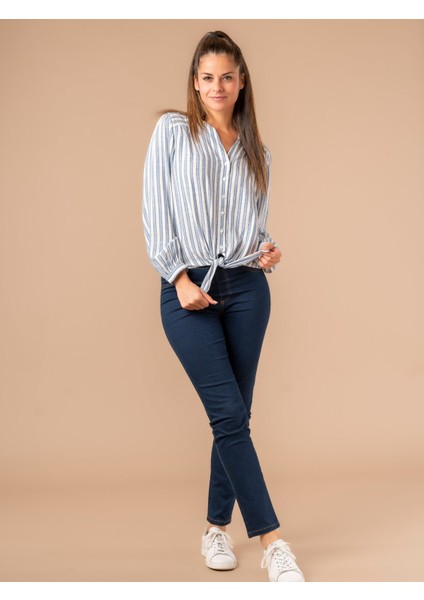 Lupinn Moda Kadın Beyaz Mavi Çizgili Düğmeli Bağlama Detaylı Uzun Kollu Gömlek fiyatları