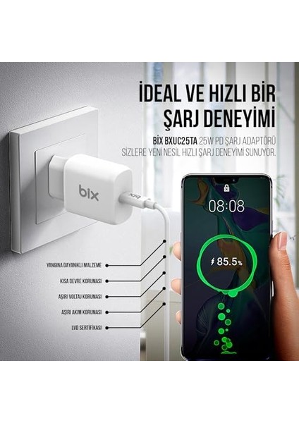 BXUC25TA 25W Type-C Pd Hızlı Şarj Adaptörü + 1 Metre 5A Type-C Kablo Siyah Iphone, Huawei Hızlı Şarj Protokolü Destekli BX-UC25TA
