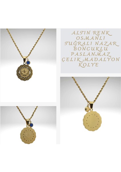 Osmanlı Tuğralı Altın Renk Nazar Boncuklu Paslanmaz Çelik Madalyon Kolye 45 cm Paslanmaz Zincirli
