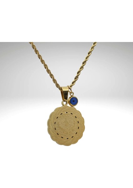 Osmanlı Tuğralı Altın Renk Nazar Boncuklu Paslanmaz Çelik Madalyon Kolye 45 cm Paslanmaz Zincirli fiyatları