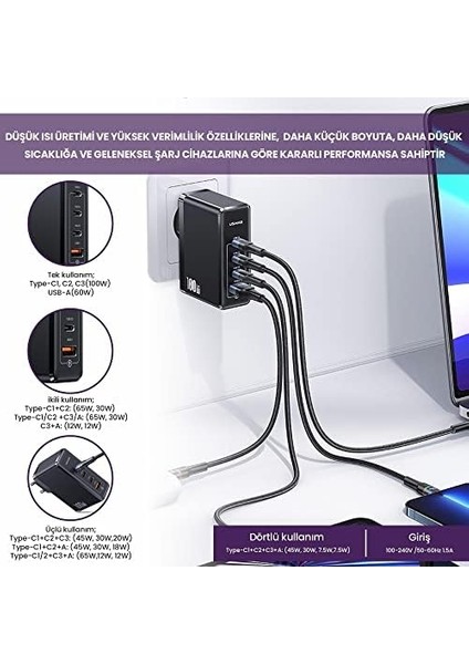 US-CC163 T50 100W Qc+Pd 4 Port (3type-C+1usb) Gan Hızlı Şarj Başlığı-Siyah