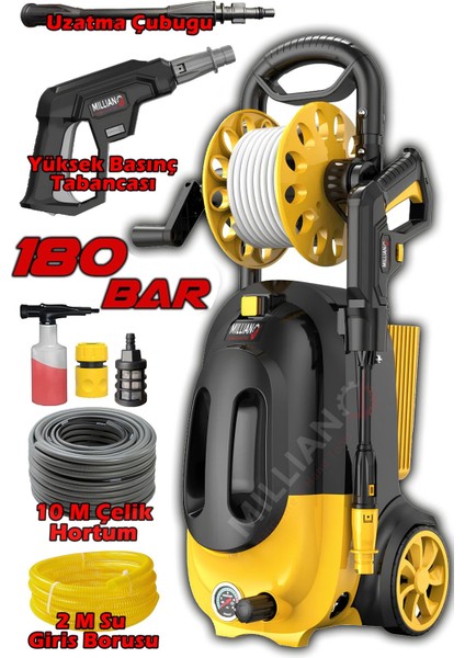 Italyan 180 Bar - 4500 W Bakır Sargılı Yüksek Basınçlı Çok Amaçlı Araba Bahçe ve Oto Yıkama Makinesi